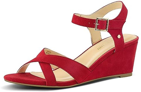 PIZZ ANNU Wendy Damen-Sandalen mit niedrigem Keilabsatz, Knöchelriemen, Espadrille, offener Zehenbereich, lässig, Sommer, Damen, Keilabsatz, Schuhe, 6 Farben, Rotes Wildleder, 37 EU