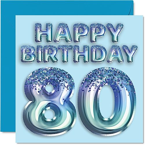 Stuff4 Geburtstagskarte zum 80. Geburtstag für Männer – Blauer Glitzer-Partyballon – Happy Birthday Karten für 80 Jahre alten Mann, Großvater, Großvater, Vater, Oma, 145 mm x 145 mm, 80. Geburtstag