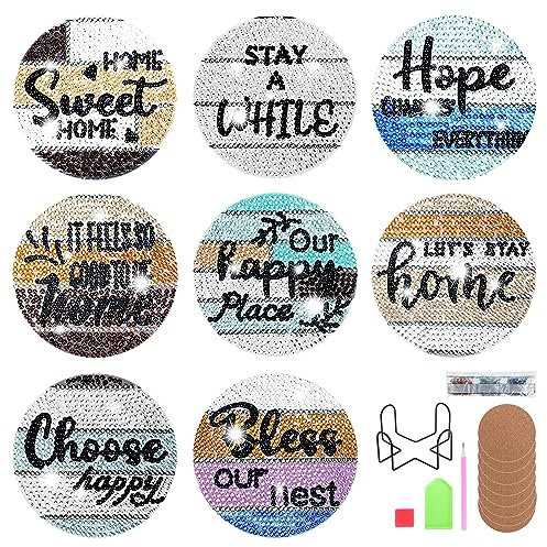 KEESIN Diamond Painting Untersetzer,8 Stück Diamond Art Untersetzer mit Halter klebendem Korkboden DIY Diamond Painting Coaster für Erwachsene Kinder Anfänger(Buchstabe)