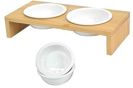 NEUSTEIN Napf für Katzen & kleine Hunde | 250ml | Futternapf | Keramik | mit 2+2 Näpfen | 4 Näpfe | Katzen Napfset | Holz Bambus