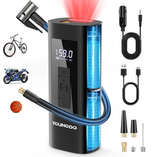 YOUNGDO Portable Air Compressor, 6000mAh Rechargeable Tire Inflator, 150PSI Fast Fill Digital Tire Inflator with 4 Nozzles for Cars, Motorcycles, Bicycles and Balls