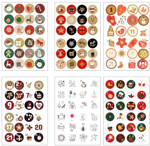 KOBOKO 144 Stücke Adventskalender Zahlen,Aufkleber Weihnachten,1-24 Adventskalender Zahlen Aufkleber,Geeignet zum Basteln und Dekorieren Ihres eigenen Adventskalenders, DIY-Adventskalender
