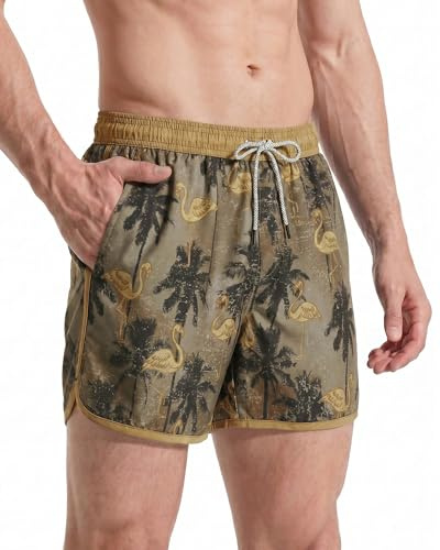 MaaMgic Mens 5 Short 70s 80s 90s Vintage Swim Trunks Quick Dry Bathing Suits Swimming Shorts Swimsuits Board Shorts,New Palm Flamingo Light Brown 4.5,L