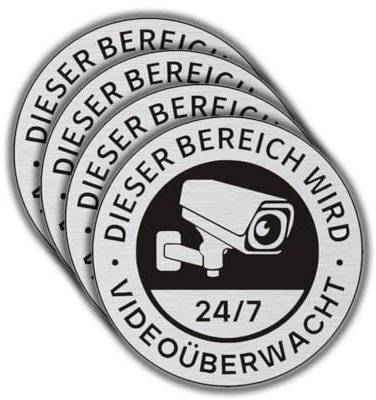 Felexdo Videoüberwachung Schild, 4 Stück Ø10cm Klein Gebürstetes Aluminium Kamera überwachung Schilder Aufkleber Videoüberwachung Schild für Privatgrundstück mit Selbstklebend für Einfache Montage
