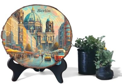 Berlin Souvenir Wandkunst oder Tischkunst auf Holzscheibe Retro Vintage Stil Berlin Stadt Kunst Geschenk für Teller Sammler oder Wandkunst Dekoration Deutsch Berlin Geschenk Tourist Souvenir