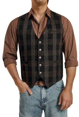 Enlision Gilet Vintage Noir Tweed Laine Sans Manches Pour Hommes Gilets Classiques à Carreaux Mariage Affaires 2XL