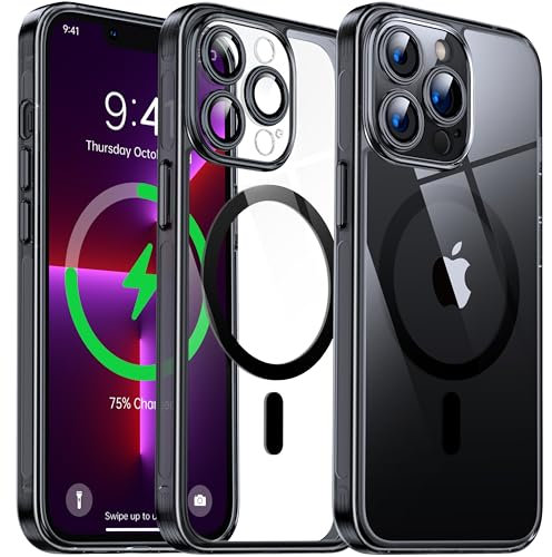 Flyzoo Cover Magnetica Trasparente per iPhone 13 Pro Max - [con Pellicola di Protezione Fotocamera] [Antilngiallimento & Antiurto & Antigraffio] Custodia Rigida con Bordo in Silicone, 6,7, Nero