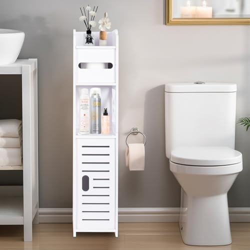 ShellKingdom Support de papier toilette, armoire de rangement de salle de bain avec portes et étagères, armoire de rangement fine pour salle de bain, petits espaces, organiseur de sol d'angle – Blanc