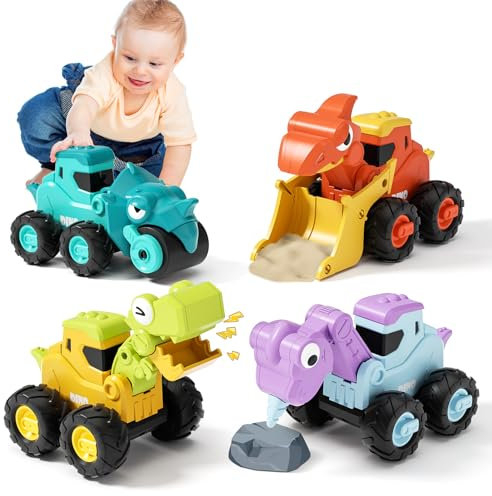 MOONTOY Car Toys for 1 Year Old Boys Girls, Baby Dinosaur Toy Cars, Kids Construction Sandbox Vehicles Playset, Press and Go Car for Toddlers 1-3, 1st Birthday Gifts for Boys Girls