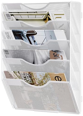 Solinxe Porte Document Mural 5 Étages en Métal - Organisateur de Bureau A4 avec Support de Rangement pour Papiers, Revues et Fichiers, Blanc (Bureaux, École, Maison)