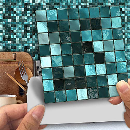 funlife Piastrelle Adesive Mosaico Adesivi per Piastrelle 10x10 cm, Trasferimento di Piastrelle Bagno e Cucina, PVC Impermeabile Mattonelle, Blu-verde