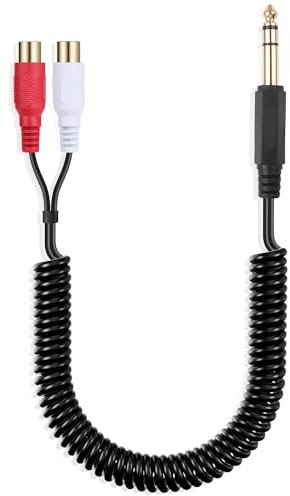 JSADZKJ Cable de audio estéreo de 6,35 mm a 2 RCA 1/4 TRS macho a doble RCA macho Splitter Cable de audio en espiral dorado de 1/4'' a 2 RCA 14 in/35cm (6,35 mm macho a 2RCA hembra)