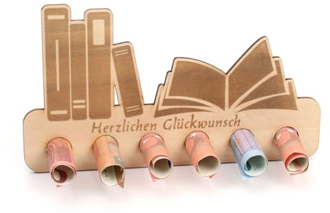 Kreative Feder Geldgeschenk Bücher zum Geburtstag - Geldscheinhalter aus Holz in originellem Design mit 6 Löchern für Geldscheine (Bücher)