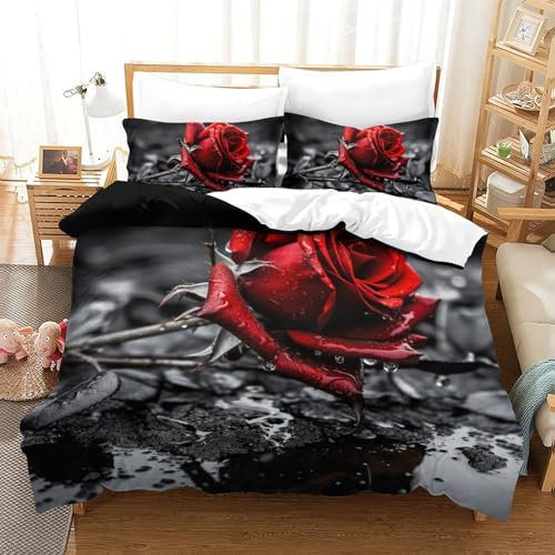 XVSAREIDG Rose 3D Printed Duvet Cover Set with Hidden Zipper Bedding Microfiber Comforter Cover with Pillowcase for Kids Boys Adult Easy Care Double(200x200cm)