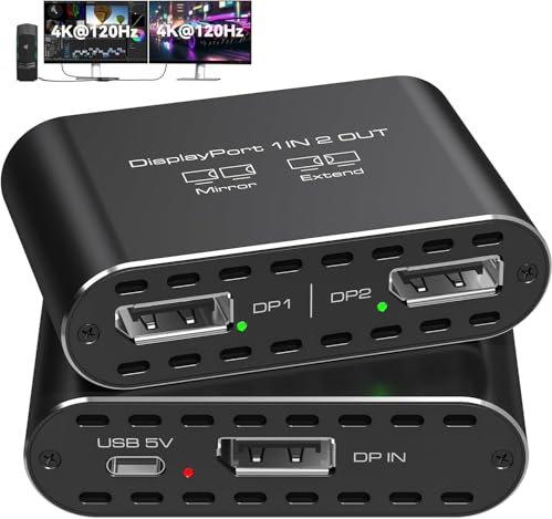 JCYMELE Double 4K@120Hz Extended Displayport à 2 DP Adaptateur Display Port Splitter pour Deux Moniteurs 1 en 2 Out Support MST & SST Mode pour PC Ordinateur Portable Carte Graphique