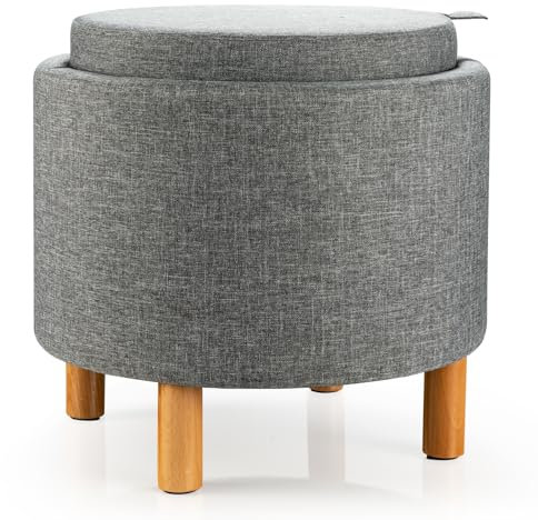 GIANTEX Tabouret Rond avec Rangement, Pouf Rond Rangement avec Couvercle, Pieds en Bois Antidérapants, Table à Plateau, Repose-Pied, Tabouret Rembouré pour Salon, Chambre, 44 x 44 x 42 CM (Gris)