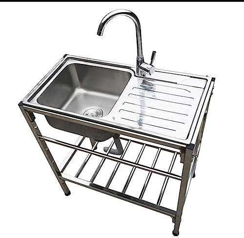 Handelsübliche Wasserhahn-Edelstahl-Spülbecken mit Ablagen – freistehende Küchenspüle für drinnen und draußen, für Zimmer, Garage, Keller