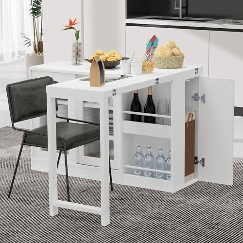A ALFRESCOOL Mesa de bar moderna, extensible, giratoria 360°, con espacio de almacenamiento, mesa reversible con puerta de armario de cristal, mesa de bar para muebles de cocina, color blanco