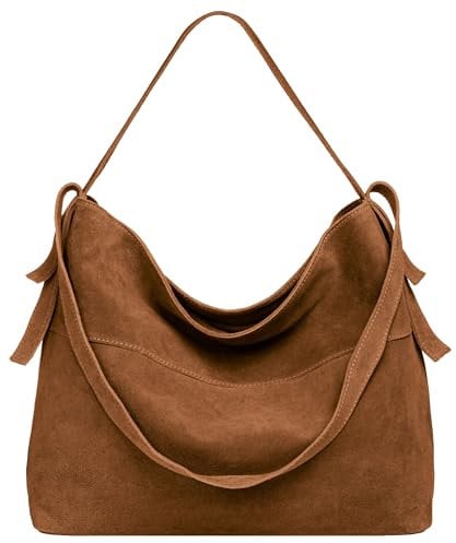 Caspar große Vintage Leder Schultertasche lässige Damen Handtasche aus Wildleder mit Reißverschluss - PREMIUM LINE - Modell No.816 - Made in Italy, Farbe:cognac