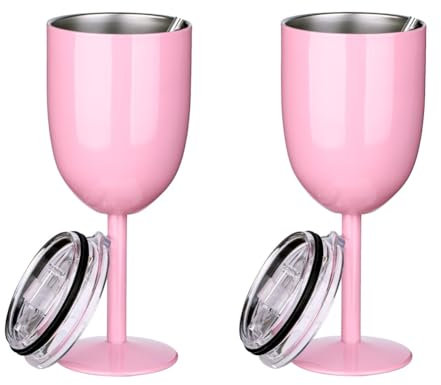 Exqufood Lot de 2 verres à vin isolés roses à double paroi en acier inoxydable de qualité alimentaire avec couvercle anti-fuite pour adultes, finition soignée
