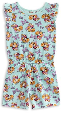Paw Patrol Skye Girls Playsuit in Light Blue | Sleeveless Casual Summer Outfit with Ruffled Sleeves | Elastic Waistband & Pockets | Cartoon Character Print Apparel for Kids