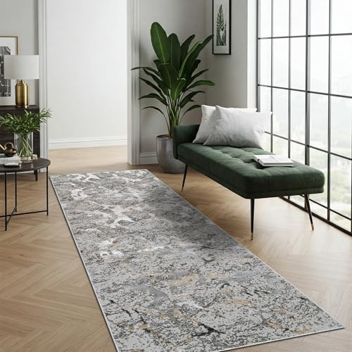 TAPISO Crystal Teppichläufer Kurzflor Glänzend Grau Schwarz Beige Marmoreffekt 3D Effekt Wohnzimmer Schlafzimmer Modern Design ÖKO-TEX 70 x 500 cm