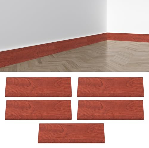 5 battiscopa ispessiti, battiscopa per pavimento, 45 x 12 cm, autoadesivo, rivestimento da parete, resistente all'acqua, antimacchia, lunghezza totale 2,25 m (venature del legno rosso)