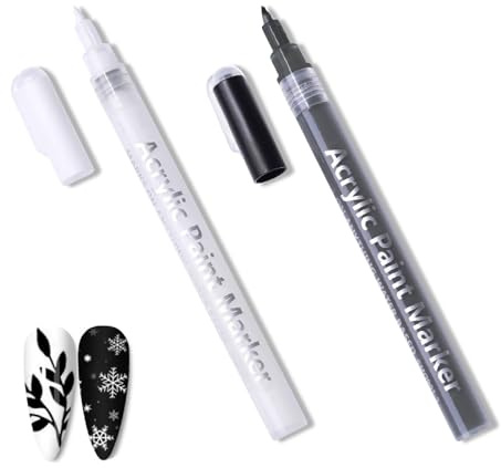 2 Nail Feutre Vernis à Ongles kit French Manucure Vernis Stylo | DIY Nail Art Adaptés à la Peinture Fine Aux Lignes Abstraites et Aux Motifs Complexes French Manucure Blanc et Noir