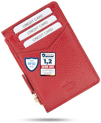 Baur portafoglio da donna piccolo – vera pelle con protezione RFID – portacarte con 7 scomparti per carte – scomparto con cerniera con cerniera in metallo color oro (Rosso)