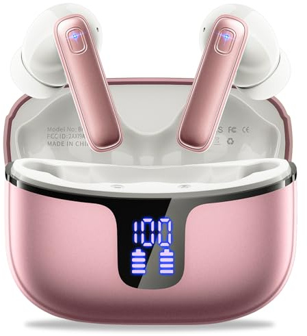 Bluetooth Kopfhörer, Kopfhörer Kabellos Bluetooth 5.3 mit HD Mic Stereo HiFi, In Ear Kopfhörer 40H Sport Kopfhörer LED Display, Kabellose Kopfhörer USB-C IP7 Wasserdicht USB-C für Android/iOS, Rosé