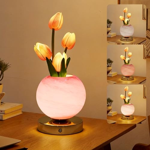 Tulpe Blume Tischlampe, Tulpen Kristall Blume Lampe Touch Lampe, 3-Farbe Unendlich Dimmende USB Wiederaufladbare Tischlampe für Haus Wohnzimmer Dekor Geschenke für Valentinstag Muttertag Weihnachten