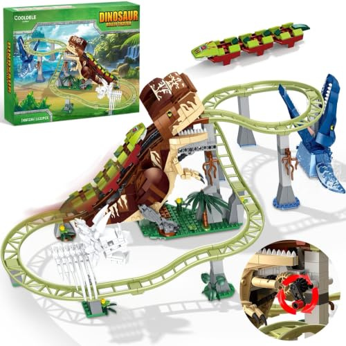 Cooldele Handkurbel-Dinosaurier-Achterbahn-Bausatz, 1122-teiliges Dinosaurier-Achterbahn-Set, inklusive 1 Schienenwagen, Erwachsene und Kinder von 8 bis 12 Jahren