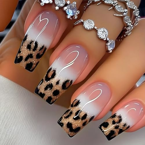Square False Nails, Press on Nails Long 24pcs Stick on Nails with Glue Fake Nails Glue On Nails Long Lasting Gift for Women Girls (Leopard Print)
