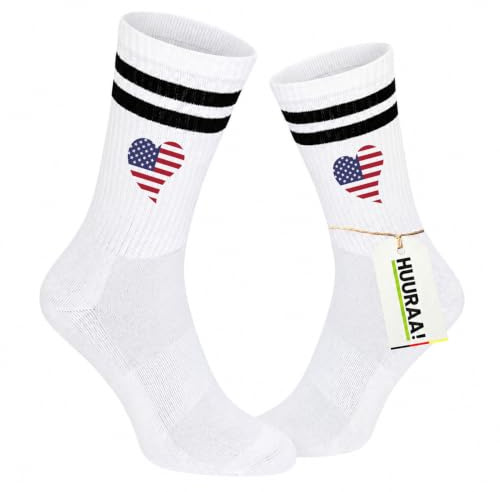 Huuraa Unisex Socken USA Flagge Herz Geschenk | Baumwolle Tennissocken Geschenkidee Sportsocken mit Motiv Unisex Baumwollsocken