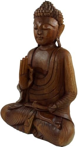 Holzbuddha Statue handgeschnitzt Vitarka Mudra dunkelbraun, Design 15 | Handgearbeitet, aus Suarwood, Einzelstück, symbolisiert Meditation und Erleuchtung, für positive Lebensausrichtung