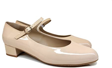AMERCE - Scarpe Mary Jane Ballerine in Pelle con Tacco Basso 2 cm - Made in Spain - Chiusura con Fibbia - Scarpe Casual Piatte di Tendenza Moda - Nudo in Vernice - Beige 39 EU