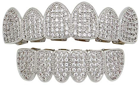 Gib nie auf 18K Gold plattiert Iced Out Hip Hop Poker Oben und unten Zähne Grillz Set (Farbe : Silber)