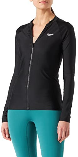 Speedo Women's FuL Zip Long Sleeve Sun Protection Rash Top | UV Protection | Zip Front, Black, L