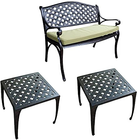 Lazy Susan 2 x Willow 45 cm quadratischer Beistelltisch mit Jasmine Bank, Sandguss-Aluminium, wartungsfrei, wetterfest, pflegeleicht, Antik-Bronze (Kissen in der Farbe Grün)