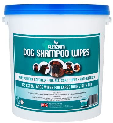 Clenzium Dog Grooming Wipes, Baby Powder Scented - 325 Anti Allergen Dog Grooming Wipes, For Large Dogs and All Coat Types. Professional Dog Grooming Wipes For Smelly Dogs And Puppies.