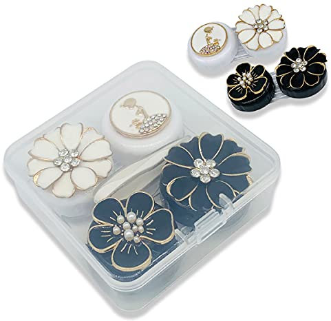 Folaxshoo Stylish Premium Contact Lens Case Portable Cute Contact Lens Box Kit Set with Mirror and Remover Tool Eye Care Soak Storage Lens Container for Teen Girls and Women (Black White)