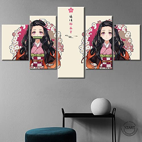 Wondbeau Leinwanddrucke Modulare Wandkunst Wandaufkleber 5 Teiliges Wandbild Druck auf Leinwand Malerei Moderne Abstrakte Poster Mit Rahmen L/150cm×80cm Anime Dämonentöter,Kamado Nezuko