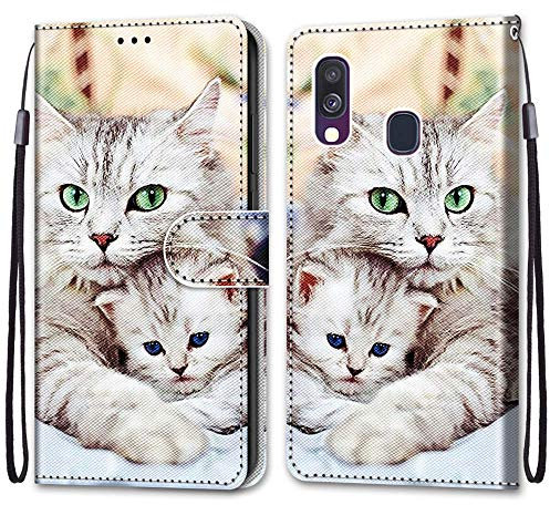 Mo-Somnus Kompatibel mit Samsung Galaxy A40 Hülle, Leder Handyhülle mit Kartenfach Geld Slot Ständer PU Ledertasche TPU Bumper Flip Brieftasche Magnetische Schutzhülle Case Etui (Katzen 2)