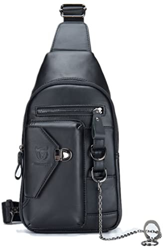BULLCAPTAIN Schultertasche aus echtem Leder für Herren, Crossbody mit Handy-Ständer, Kette, Brust-Schulter-Rucksack, Daypack XB-520, schwarz, Medium