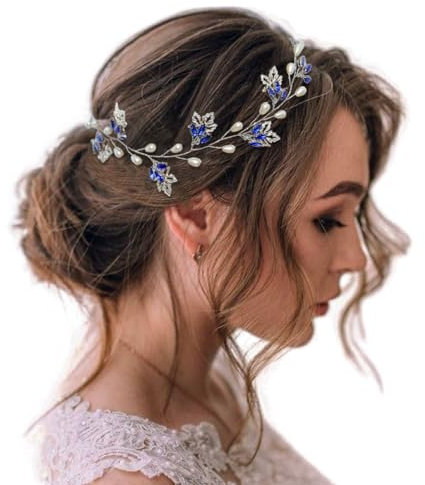 IYOU Braut Hochzeit Haarrebe Blau Strass Stirnband Blatt Perle Kopfbedeckung Abschlussball Haarschmuck für Braut und Brautjungfer