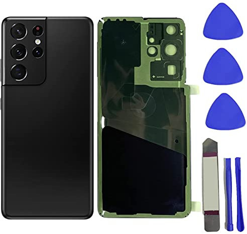 Galaxy S21 Ultra Back Glass Cover Replacement for Samsung Galaxy S21 Ultra 5G G998 Housing Door Panel Back Cover with Camera Glass Lens and Pre-Installed Tape+Tools (Phantom Black)