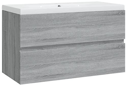 vidaXL Waschbeckenschrank mit Einbaubecken Grau Sonoma Holzwerkstoff, Unterschrank, Badezimmerschrank, Badmöbel, Waschbeckenunterschrank