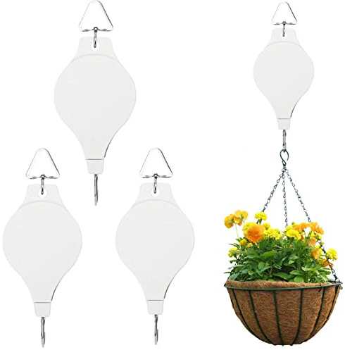 Verstellbare Pflanzenrolle, einziehbare hängende Pflanzgefäße, Blumenkorb, Haken, Aufhänger für Gartentöpfe und Vogelfutterspender im Freien, in verschiedenen Höhen, senken und erhöhen, 3 Stück (weiß)