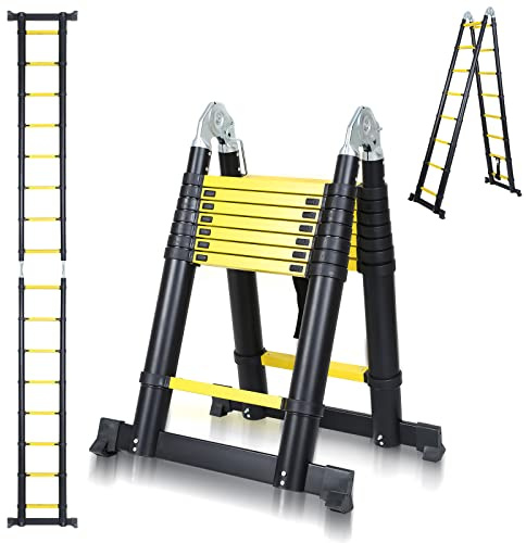 Yakimz Aluminium Teleskopleiter mit Klappbar Design- Teleskop Ausziehleiter - Mehrzweckleiter -2,5M+2,5M Faltbar Stehleiter - Rutschfester Aluminiumleiter Aluleiter, Schwarz (5 Meter)