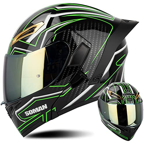 Modularer Motorradhelm, Klapphelm Flip Up Front Motorrad Sturzhelm, DOT/ECE Genehmigt für Frau und Männer mit Doppeltem Sonnenvisier Farblinse Motorrad Roller Vollgesichtshelme,Grün-M(57~58cm)